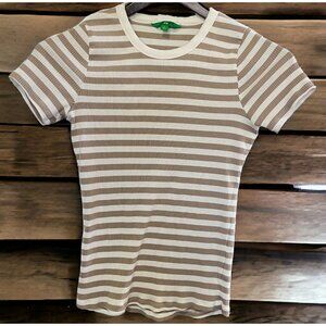 Dip Striped T Shirt Womens Size Large Tee Cap Short Sleeves Brown White